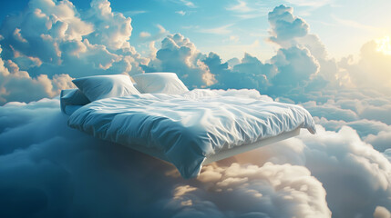 Poster - A surreal scene with a bed floating among fluffy clouds in a sky filled with soft, light clouds, creating a dreamy and peaceful atmosphere.