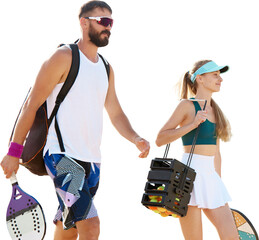 Young man and woman going to play tennis on beach. Sportive young people in sportswear carrying tennis equipment isolated on transparent background. Sport, leisure time, active lifestyle, game concept