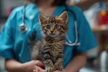 Kitten examined by veterinarian in blue scrubs. Veterinary care and animal health concept. Design for poster, flyer, educational materials.