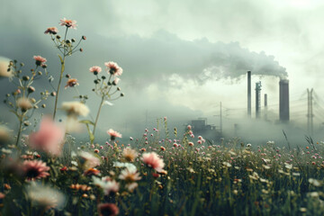 Wall Mural - Factory pipes smoking into air standing in the middle of meadow with blooming flowers. Polluting the air and environment during development of heavy industry