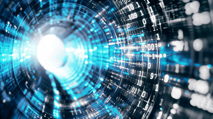 Futuristic digital tunnel with binary code and neon lights, representing concepts of data transfer, technology, and cybersecurity in a visually dynamic way.