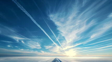 Canvas Print - Serene sky with multiple airplane contrails converging towards the horizon, creating intricate patterns against a bright, clear sky with the sun rising or setting.