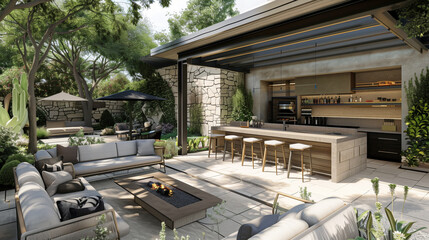 Outdoor luxurious patio with modern furniture, bar, fire pit, and lush greenery. Elegant seating area and open bar counter shaded by umbrellas amidst a serene garden.