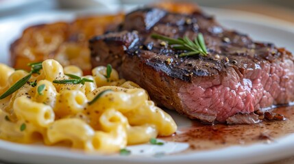 Canvas Print - Grilled Steak with Macaroni and Cheese for a Delicious Dinner