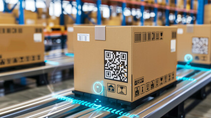 Sticker - A cardboard box with QR code on a conveyor belt in a modern warehouse. The image focuses on automation and technology in logistics and supply chain management.