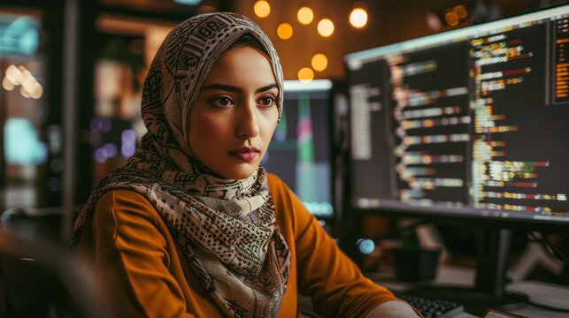 A woman wearing a scarf is sitting in front of a computer monitor