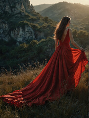 Elegant Woman in Red Dress at Sunset