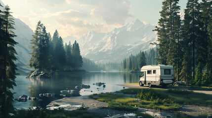 Poster - A camper van is parked by a serene mountain lake surrounded by dense pine forests. Snow-capped mountains stand tall in the background under a partly cloudy sky.