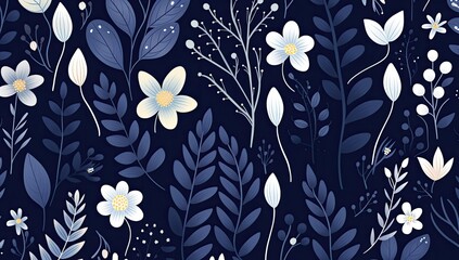 Wall Mural - A blue and white floral pattern with white flowers. The flowers are in various sizes and are scattered throughout the image.