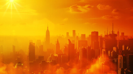 Canvas Print - A cityscape viewed during golden hour with tall skyscrapers silhouetted against a bright and hazy, orange-tinted sky, featuring a radiant sun and scattered clouds.