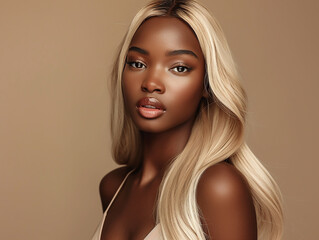 Wall Mural - Portrait of a black woman with long blonde hair, perfect smooth skin beauty spa salon concept, beauty concept