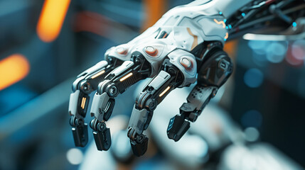 Wall Mural - Close-up of a highly detailed robotic hand with mechanical fingers and intricate components, showcasing advanced technology and precise engineering.