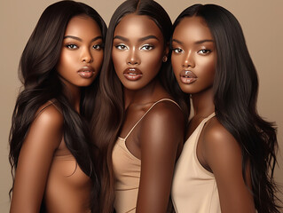 Three beautiful black women model with long hair extensions, beauty concept, beige background