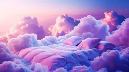 Wall Mural - Dreamlike scene of a bed floating among fluffy pink and purple clouds, evoking a sense of tranquility and surrealism at dawn or dusk.