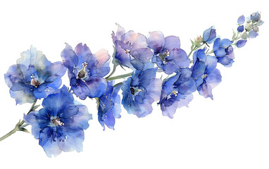 Watercolor illustration of vibrant blue delphinium flowers with green leaves, showcasing a detailed and artistic floral arrangement