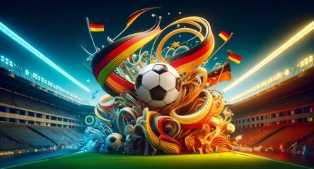 Wall Mural - Football cup, soccer ball and german flag in a sports stadium. 