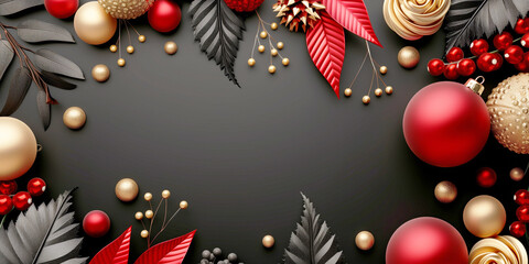 Poster - Festive holiday background with red and gold Christmas ornaments, decorative leaves, and berries on a black surface. Space in the center for text.