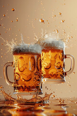 Wall Mural - Levitation two beer mugs creating splash isolated on white background, flying beer creative concept, 3D render