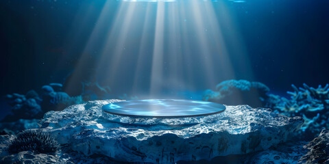 illuminated crystal-clear podium with a deep underwater scene in the background, suitable for spa pr