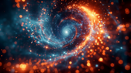 Wall Mural - glowing spiral galaxy, orange and blue colors, particles bokeh background in an abstract style for a unique wallpaper
