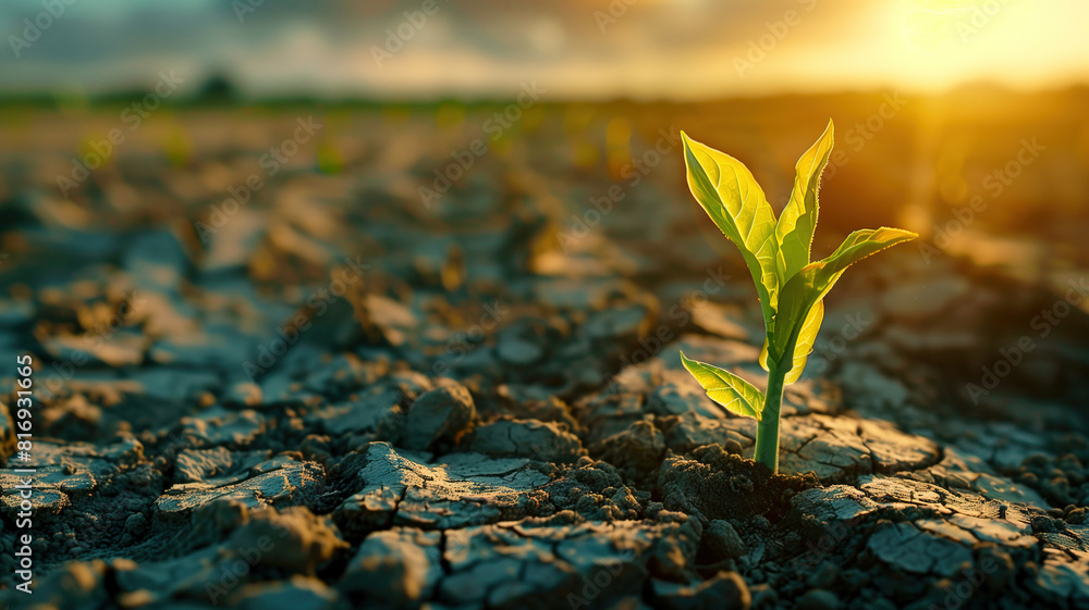 Seedling Growing in Parched Soil at Sunset. A young plant emerges from ...