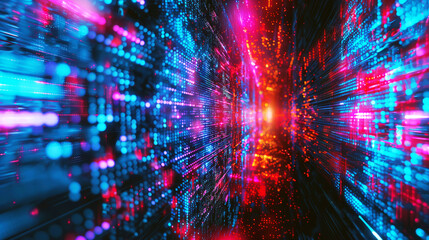 Sticker - Futuristic technology background with vivid blue and red lights resembling data streams and digital circuits in a virtual space.