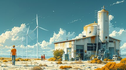 Wall Mural - environment care, an illustration of a wind farm with wind turbines and a happy family walking nearb