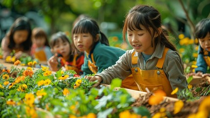 Wall Mural - environment care, an image of a community garden with people tending to plants and vegetables. illus