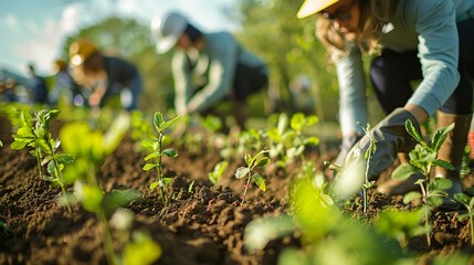 Wall Mural - environment care, people participating in a tree-planting event, with rows of young trees. illustrat