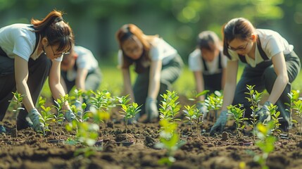 Wall Mural - environment care, people participating in a tree-planting event, with rows of young trees. illustrat