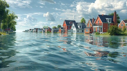 Wall Mural - environment concept, a coastal area with submerged houses, illustrating rising sea levels. illustrat