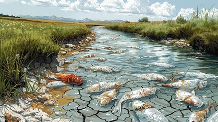 Poster - Environment concept, A river that has dried up, with cracked earth and dead fish. Illustration image, Minimal Style, Clean and Clear Color,