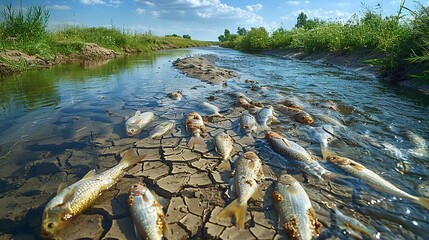 Wall Mural - environment concept, a river that has dried up, with cracked earth and dead fish. illustration image