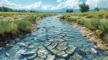 Canvas Print - Environment concept, A river that has dried up, with cracked earth and dead fish. Illustration image, Minimal Style, Clean and Clear Color,