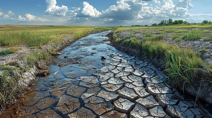 Wall Mural - Environment concept, A river that has dried up, with cracked earth and dead fish. Illustration image, Minimal Style, Clean and Clear Color,