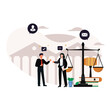 © Humanart - Law and justice scenes. lawyer consulting client, judge knocking with wooden hammer. Legal advice concept. Flat vector illustration.