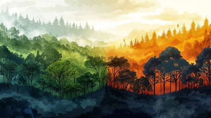 Wall Mural - environment concept, an illustration of a forest transitioning from lush greenery to burnt, charred 