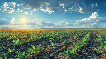 Wall Mural - environment concept, an illustration of drought conditions, with wilted crops and dry soil. illustra