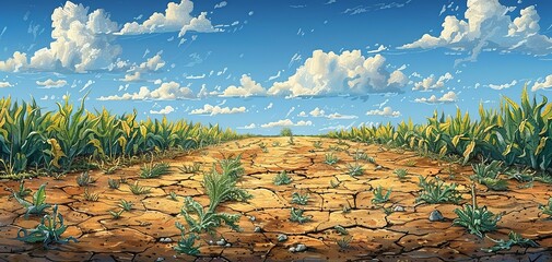 Wall Mural - environment concept, an illustration of drought conditions, with wilted crops and dry soil. illustra