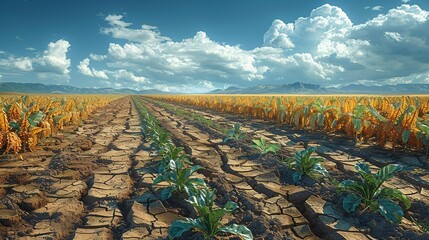 Wall Mural - environment concept, an illustration of drought conditions, with wilted crops and dry soil. illustra