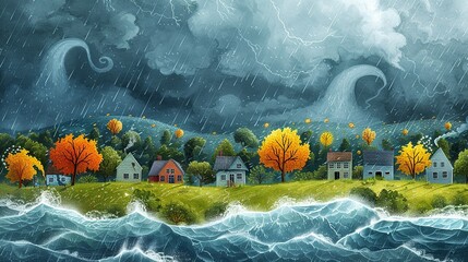 Canvas Print - Environment concept, An illustration of extreme weather events, such as hurricanes and tornadoes, hitting different parts of the world. Illustration image, Minimal Style, Clean and Clear Color,