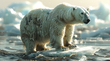 environment concept, an image of a polar bear stranded on a small, melting ice floe in the arctic. i
