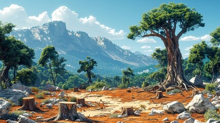 Wall Mural - environment concept, an image of deforestation, with tree stumps and cleared land. illustration imag