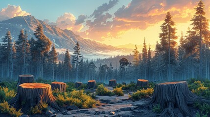 Wall Mural - environment concept, an image of deforestation, with tree stumps and cleared land. illustration imag
