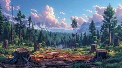 Wall Mural - environment concept, an image of deforestation, with tree stumps and cleared land. illustration imag