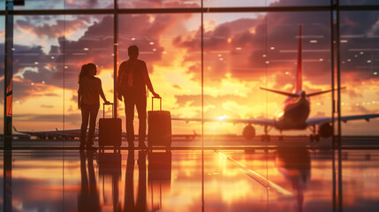 Poster - Silhouetted travelers with luggage stand at an airport terminal, gazing at a captivating sunset through large windows with airplanes visible on the runway.