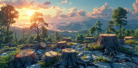 Wall Mural - environment concept, an image of deforestation, with tree stumps and cleared land. illustration imag