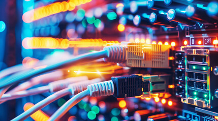 Poster - Close-up of network cables connected to a server with colorful LED lights glowing, representing data transfer and internet communication in a modern data center.