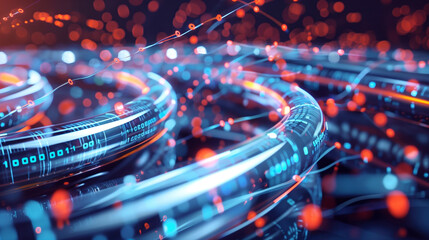 a visually striking image with glowing cables and binary code, representing data flow and digital ne