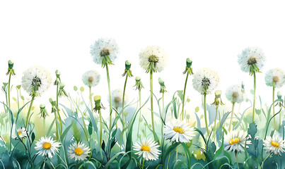 Lush watercolor illustration of dandelions and daisies in a field, showcasing the delicate beauty of these wildflowers